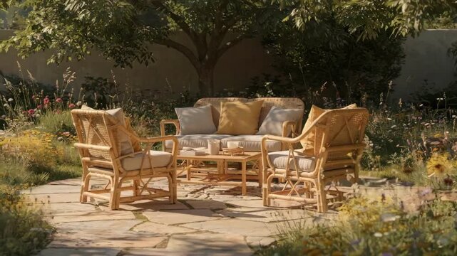 Medium shot of a shaded courtyard seating area with bamboo furniture native wildflowers bordering the pathway and soft sunlight filtering through leafy trees.