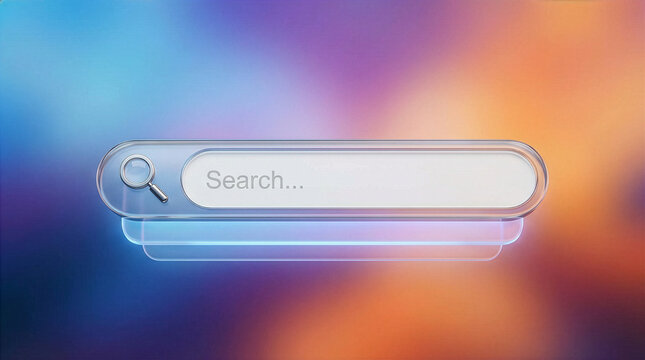 A sleek search bar with a magnifying glass on a vibrant, multicolored background, inviting users to explore and discover new things online.