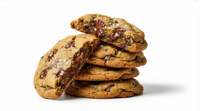A stack of freshly baked chocolate chip cookies with sea salt on a white background