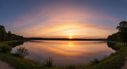 Obraz premium Panoramic serene lake at sunset, reflecting vibrant orange and pink hues, trees frame the water