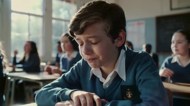 Upset schoolboy sitting at desk in classroom while classmates smile in background. Sad student feeling lonely or excluded during lesson. Medium shot with slight camera tilt.