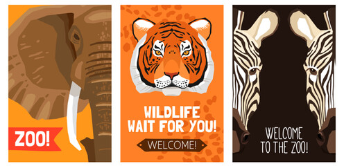 Fototapeta premium Welcome to The Wild: Captivating zoo posters with illustrations of elephant, tiger, and zebra. Designed with an engaging style that will add a touch of adventure to any space.