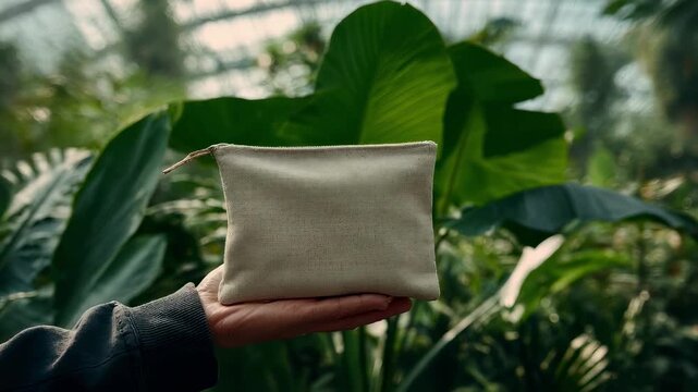 Ecofriendly pouch made from plantbased materials captured in midframe blurred environment underscoring a commitment to sustainable product presentation.