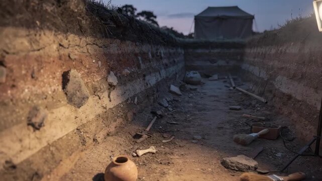 Twilight scene in an archaeological trench with soft light highlighting detailed soil stratigraphy and faintly visible artifacts in sharp focus.