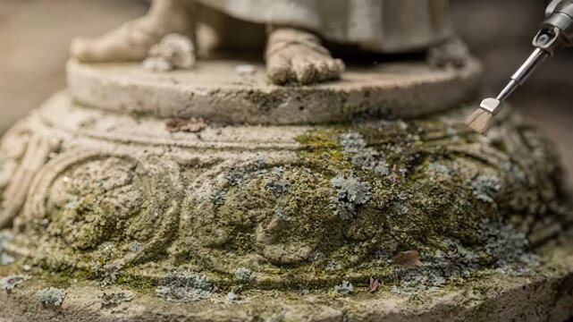 Precision robot instrument removing lichen from a historic statues decorated base sharply highlighting the fine cleaning action with outoffocus surrounding elements.