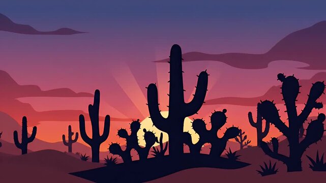 Desert landscape with saguaro cacti silhouettes at sunset or sunrise