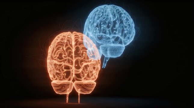 Stunning digital illustration of two glowing brains showcasing neural connections, perfect for neuroscience and technology content