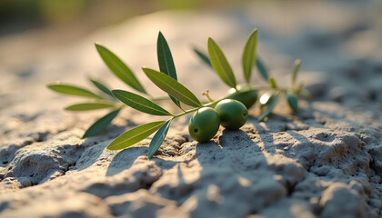 Olive branch with fresh green olives resting on textured stone surface, sunlight glistening off vibrant leaves.