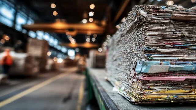 Focused medium shot of recycled paper stack from postconsumer waste with blurred environment showcasing sustainable reuse in paper production