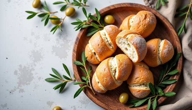 Freshly baked bread rolls arranged in a wooden bowl with green olives and olive branches surrounding them. Soft bread rolls with delicate texture displayed in a rustic setting for food blogs.