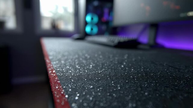 Detailed view of a 3Dprinted GPU brackets textured surface in sharp focus the surrounding blurred computer setup accentuating its tailored form fitting.