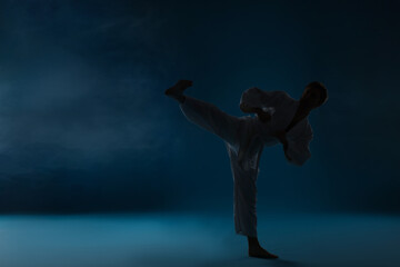 Man in uniform practicing karate on dark light blue background with smoke © New Africa