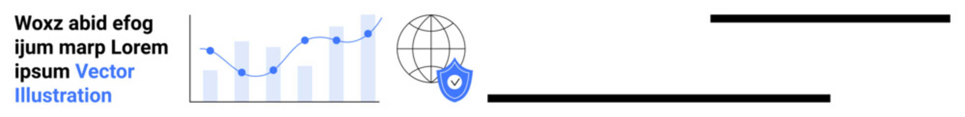 Data security, global business, analytics trend, cybersecurity, information protection, technology visualization. Graph showing rise in data, shield icon over globe. Data security and analytics