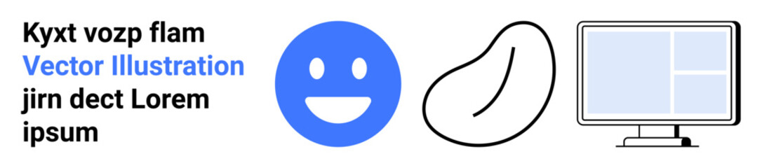 Fototapeta premium Digital design, communication, tech interfaces, user experience, emoticons, abstract art. Blue happy face, bean-shaped outline computer monitor. Communication tools and tech interfaces concept