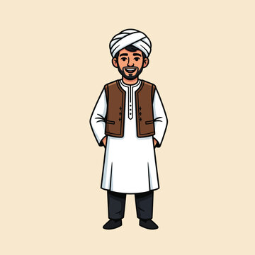Smiling cartoon man with a beard wearing a white turban brown vest and traditional tunic.