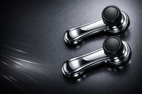 Ultra Premium Photorealistic Chrome Car Window Crank Handle Set with Black Textured Knobs on Dark Graphite Gradient Background, Luxury Automotive Studio Lighting, High Detail Product Render