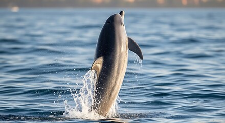 A dolphin leaps and arcs out of a body of water with sunlight hitting the horizon