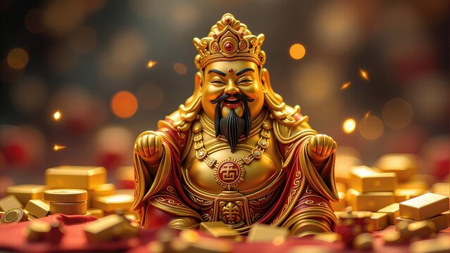 Traditional golden Caishen figurine surrounded by gold bars and coins. Concept of financial luck and success during Spring Festival.