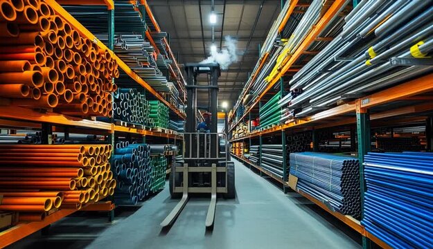 Industrial warehouse interior with metal shelving racks, stacks of steel pipes and tubes with colorful end caps in orange blue green, construction materials storage