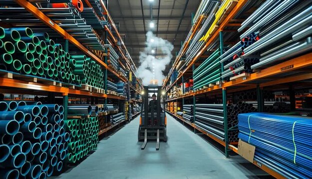 Industrial warehouse interior with metal shelving racks, stacks of steel pipes and tubes with colorful end caps in orange blue green, construction materials storage