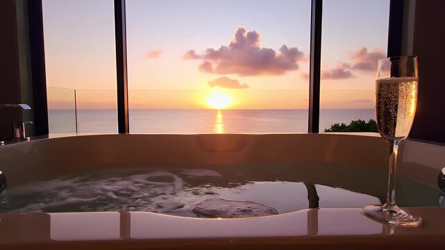 Hotel jacuzzi bubbling near wine glass at golden sunset for exclusive tourism experience and mental health.