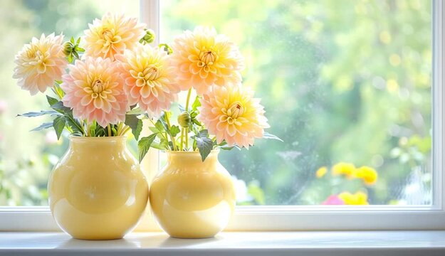 Two yellow ceramic vases with fresh yellow dahlia flowers on white window sill, soft natural light coming through window