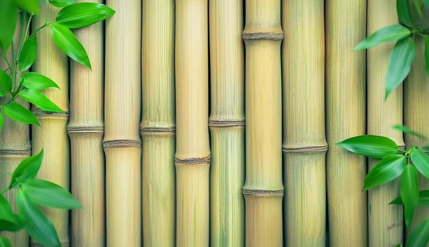 Natural green bamboo fence background with vertical bamboo poles, light tan beige bamboo texture