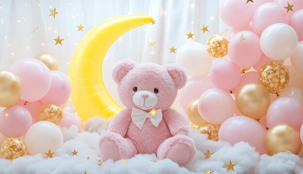 Cute pastel pink teddy bear with white bow sitting in front of glowing yellow crescent moon, baby shower decoration setup, balloon arch with pastel 