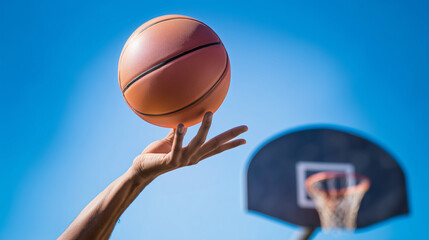 Fototapeta premium Hand spinning basketball near hoop against blue sky, outdoor sports, street basketball, athletic skill, team game, active lifestyle, training, competition, recreation, summer fitness concept