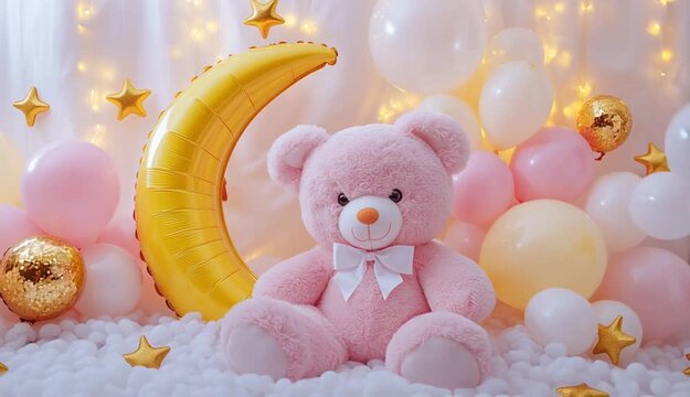 Cute pastel pink teddy bear with white bow sitting in front of glowing yellow crescent moon, baby shower decoration setup, balloon arch with pastel 