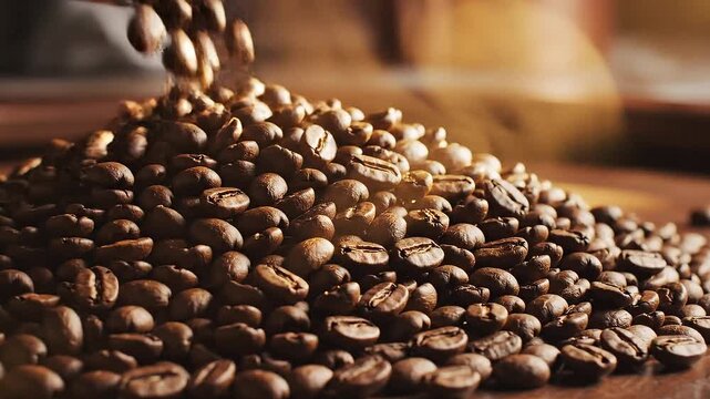 A pile of roasted coffee beans spilling from a scoop onto a wooden surface