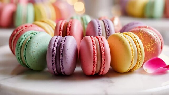 A vibrant assortment of delicate French macarons on a marble surface