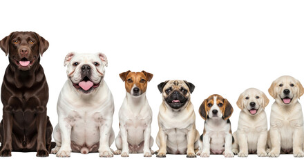 Obraz premium a precise row of seven diverse, happy canines (labrador, bulldog, pug, puppies) in a high-key studio portrait against a transparent background with ample copy space. concept of pet diversity and