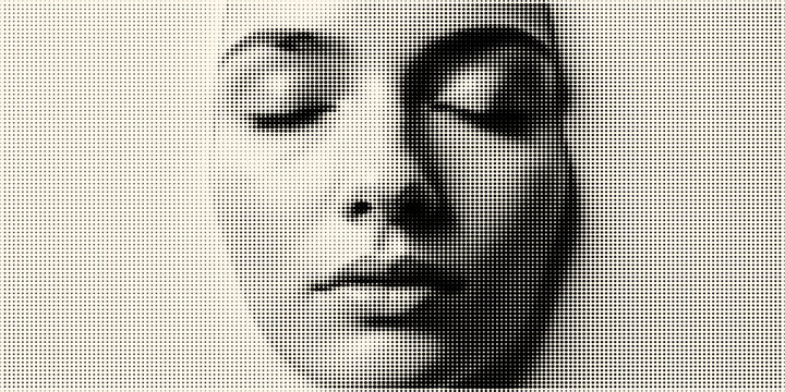 Monochrome halftone close up of woman face with closed eyes calming expression textured dot pattern abstract portrait modern digital art style neat composition with soft lighting