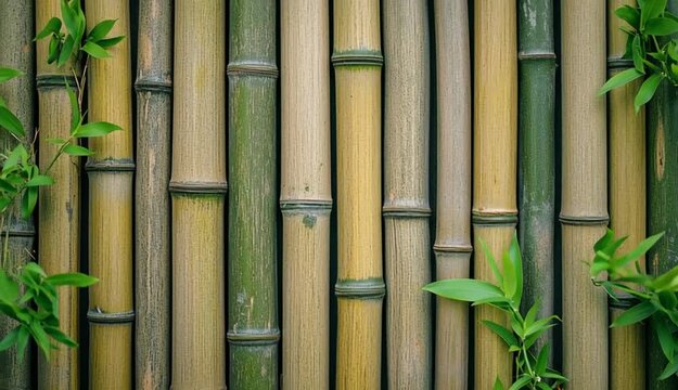 Natural green bamboo fence background with vertical bamboo poles, light tan beige bamboo texture