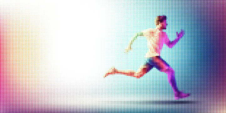 Colorful halftone vector art of male runner sprinting in profile with dynamic stride on gradient background emphasizing speed motion and athleticism blue orange pink vivid style