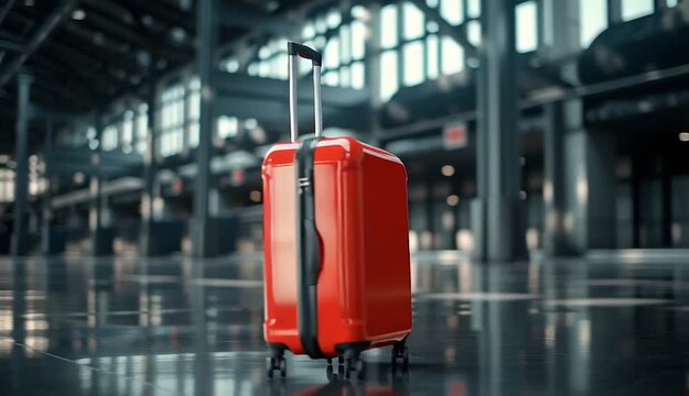 Bright red hard-shell rolling suitcase with telescopic handle standing alone on polished floor in modern train station or airport terminal