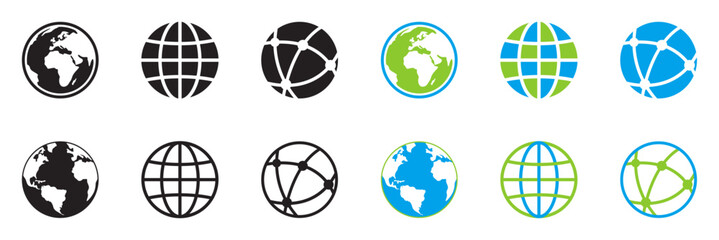 Globe icon set in black, green, and blue color scheme with a flat-style world map vector template.
