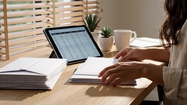 Young adult woman at home office desk, reviewing printed documents beside laptop and coffee, focused productivity mood, tax season paperwork and remote work planning
