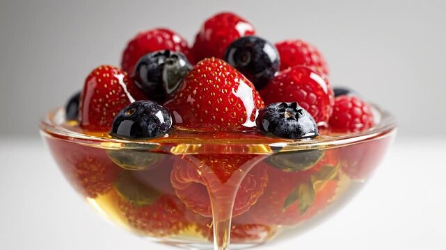 Fresh berries and raspberries coated in glistening honey in a glass bowl