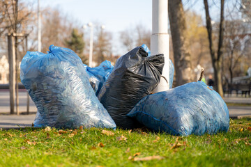 Obraz premium Garbage bags piled on grass near street in urban park