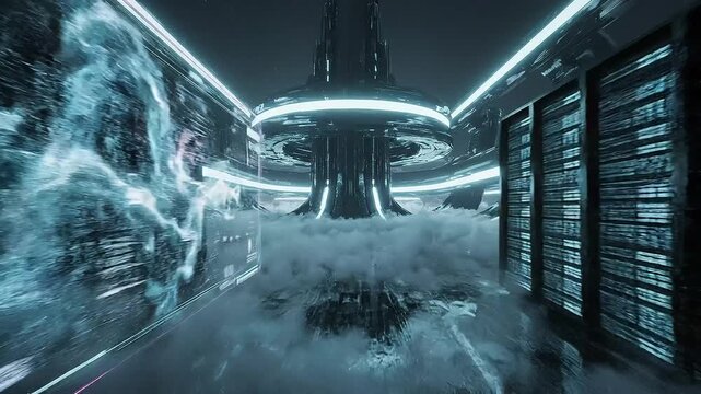 Futuristic digital corridor with glowing lights and hazy atmosphere