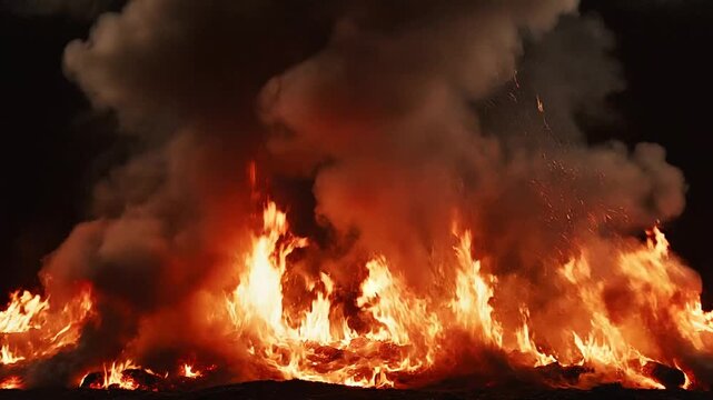 Intense, roaring flames consume material, with thick smoke billowing upwards