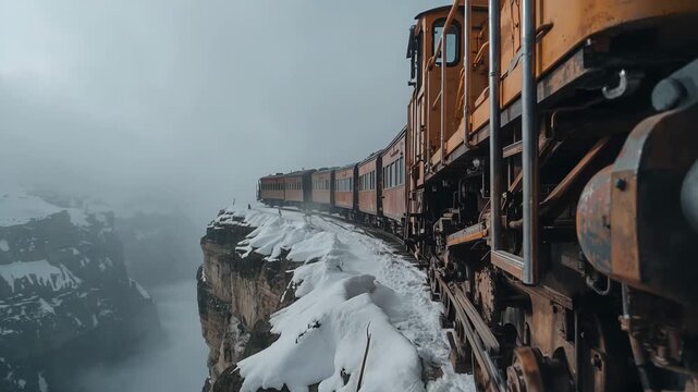 Industrial Orange Train Traveling Along Dangerous Narrow Snowy Mountain Cliff Edge in Foggy Winter Weather