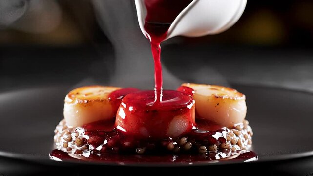 Rich red sauce cascades over seared scallops and grains