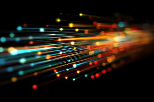 digital background featuring colorful light streaks on a black background, representing fast digital data transfer and cyber technology in the style of a bokeh panorama Generative AI