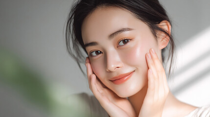 健康的で透明感のある美しい肌の笑顔の女性