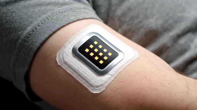 Close up of a medical device patch with yellow lights attached to a person's arm.