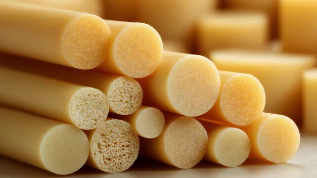 Focused medium view of bundled plastic rods with gradual diameter variations background blurred to emphasize texture and uniformity for industrial processing.