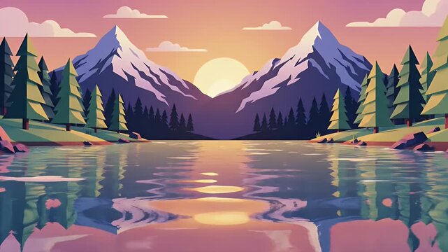 Minimalist mountain lake scene with sunset and pine trees
